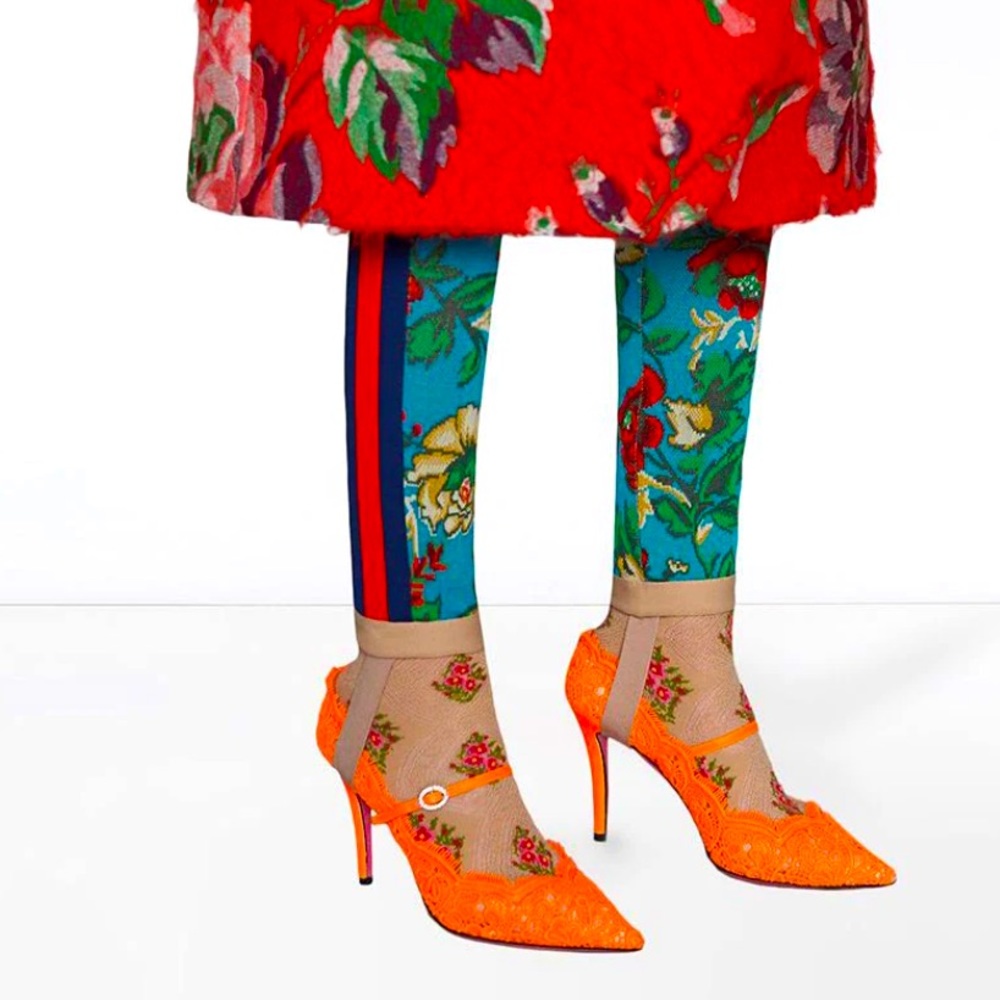 New Gucci Orange Lace Virginia 95 Pump Women Shoes